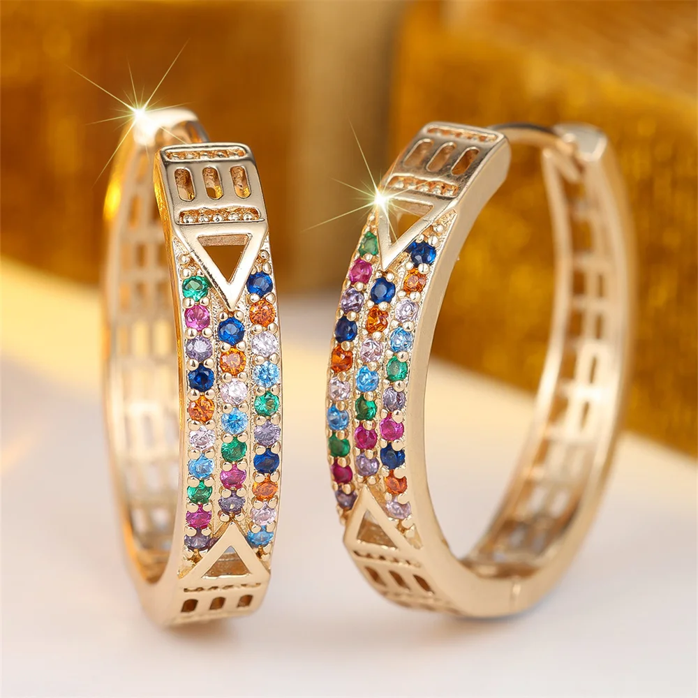 Three Row Small Round Stone Rainbow Zircon Hoop Earrings For Women Vintage Gold Color Ear Buckle Wedding Jewelry Valentine Gifts