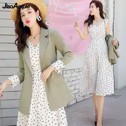 Vestido feminino terno jaqueta de duas peças 2022 primavera outono nova saia impressa casaco terno coreano moda casual blazers midi saias conjunto