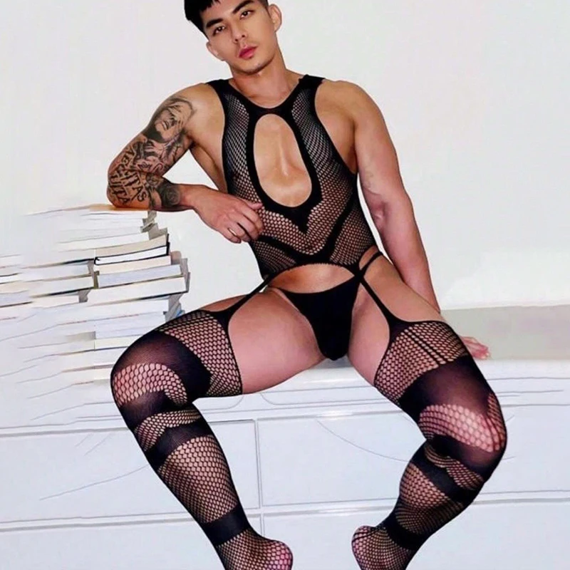 Men Bodysuit Jumpsuit Sexy Man Pajamas One Piece Men's Jumpsuit Transparent BodyStocking Sleeveless Bodysuit Porn Crotchless Underwear Erotic Costumes