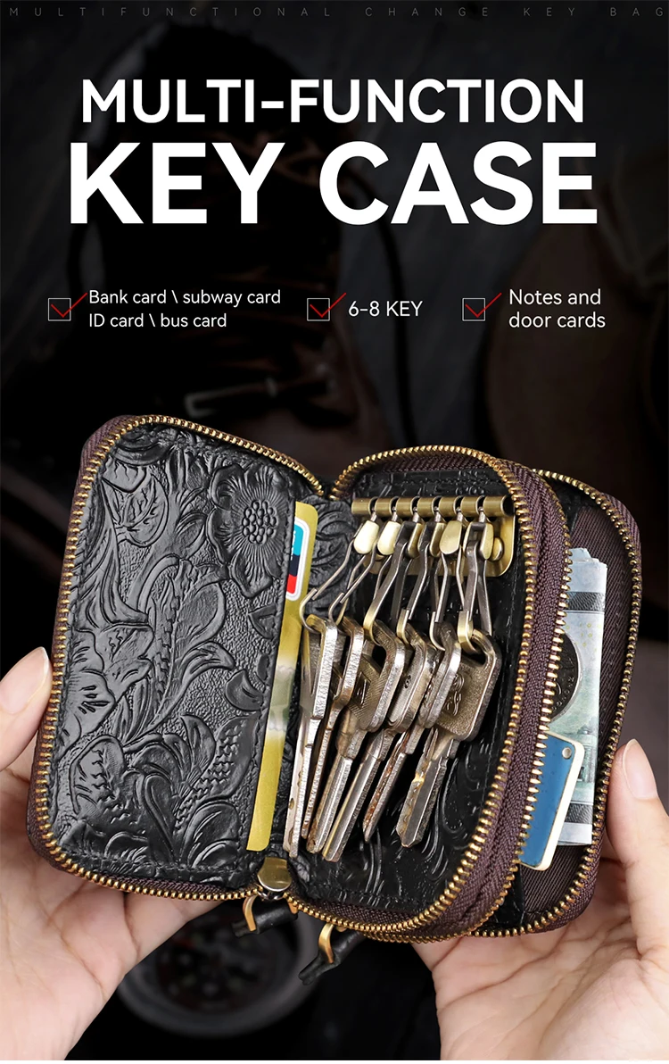 ハンドメイド レザー キーケース ダブルファスナー 収納袋 小銭入れ 軽量 カード入れ 財布