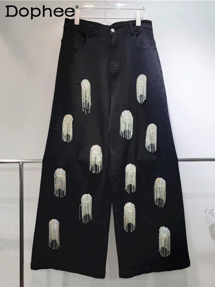 

Женские джинсовые брюки с бахромой, свободные прямые мешковатые джинсы ручной работы с эффектом потертости, с бахромой и широкими штанинами, осень 2024