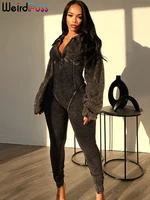 Weird Puss Washed Distressed Jumpsuit Women Ribbed V-Neck Solid SKinny Long Sleeve Fall Casual Trend Simple Activity Streetwear - black, S