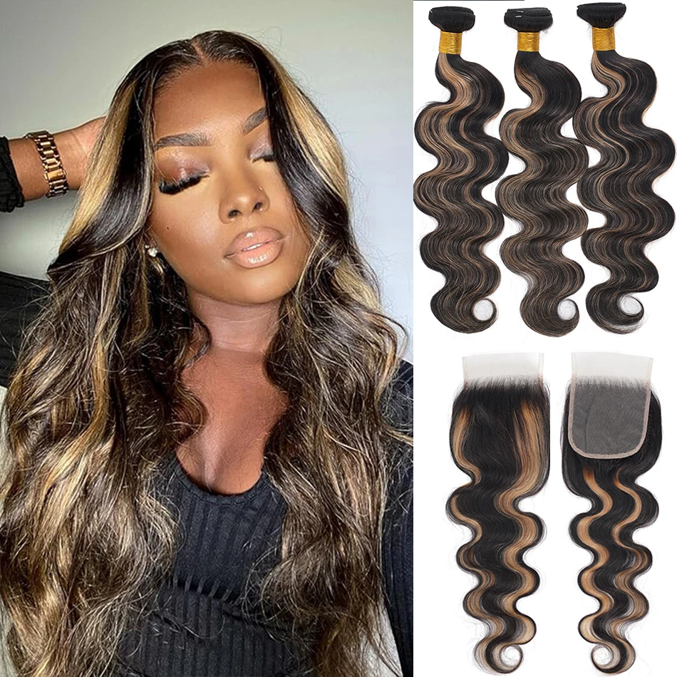 100% Vietnamese Body Wave Hair Bundles With Closure Tone Black to Blonde Ombre Human Hair Virgin Remy Hair Bundles With Closure 6