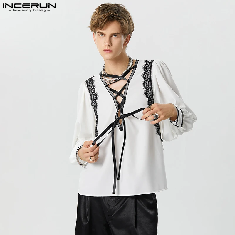 

Модные повседневные стильные топы INCERUN, красивые мужские рубашки с галстуком и перекрестным дизайном, стильная Кружевная декоративная блузка с длинным рукавом, модель 2024