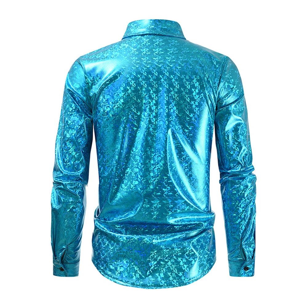 Camiseta de manga larga con botones para hombre, ropa brillante