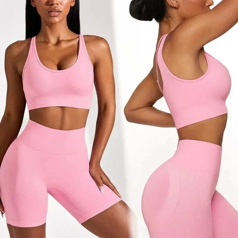 

New Knitted Sports Bra High Waist Shorts Seamless Yoga Fitness Set