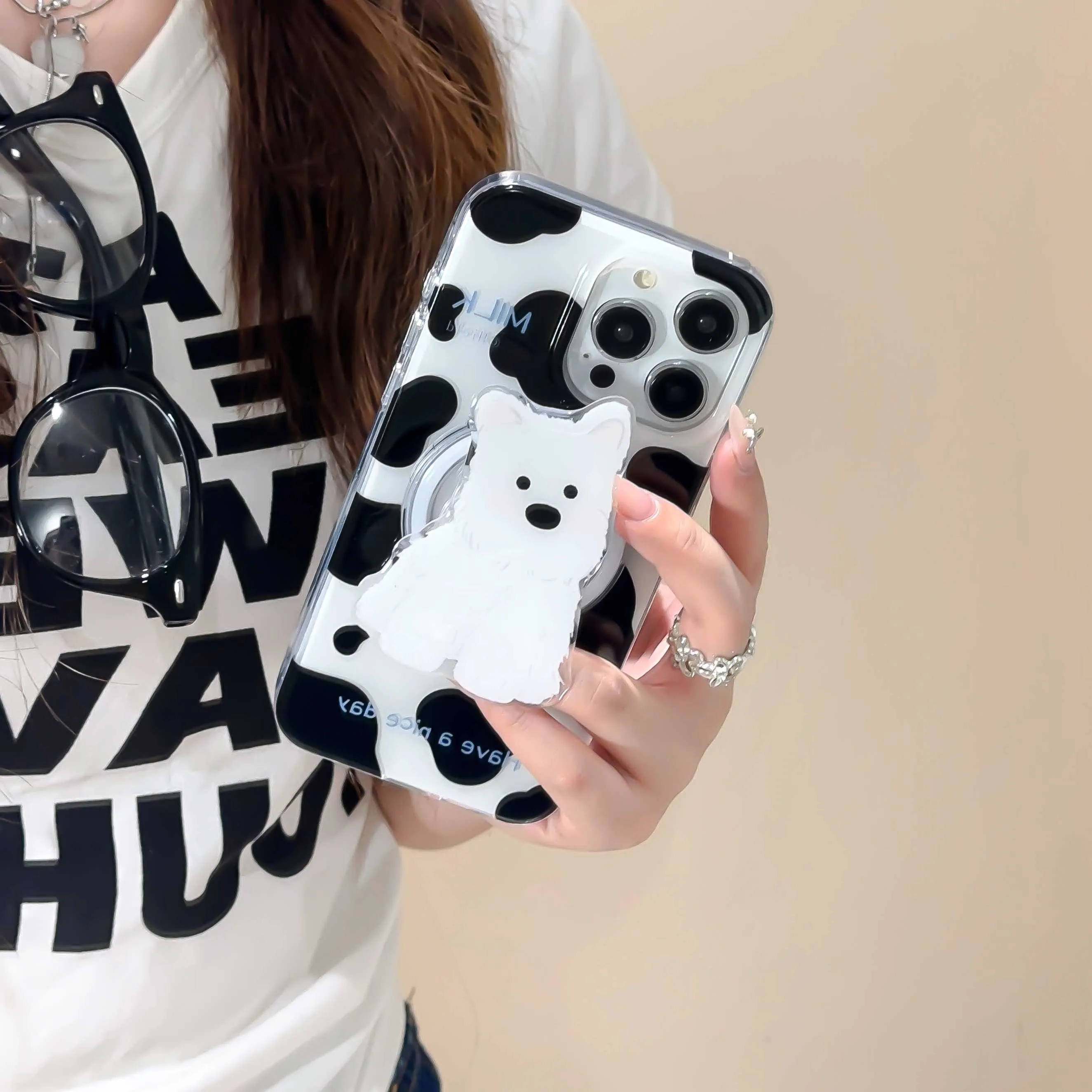 3D Dog Puppy Magnetic Cow Stripes Phone Case for iPhone