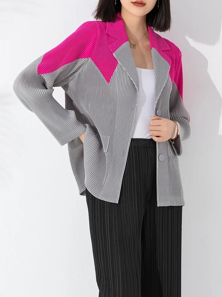 Miyake Casual Suit Jacket Women's Autumn New High-end 2023 New Contrast Color Lapel Single-breasted Pleated Temperament Top