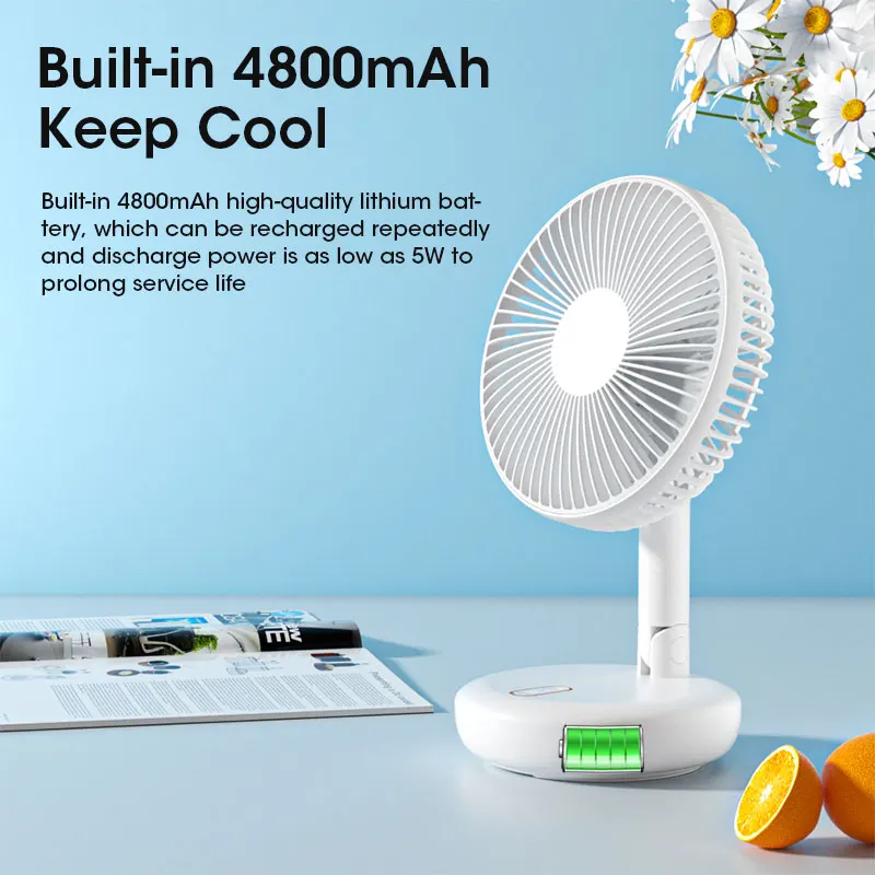 Portable 4800mAh USB Folding Stand Floor Fan Adjustable Height 3 Speeds Quiet for Home Office Bedroom