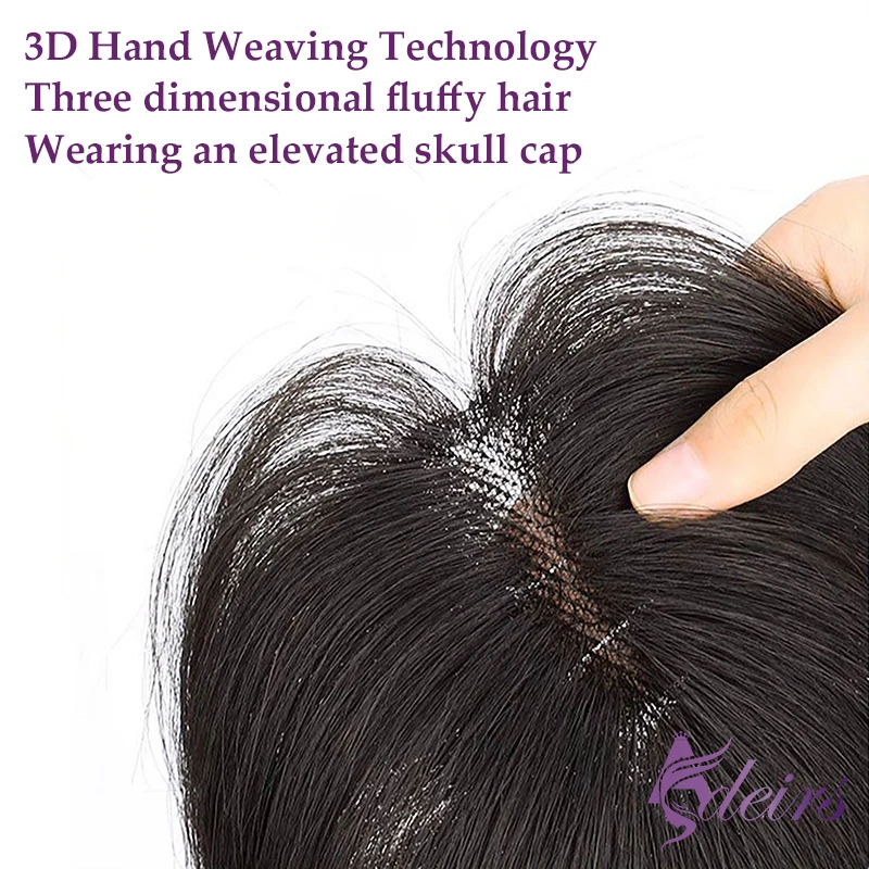 ADEIRS Topper Pezzo di capelli con frangia Topper di capelli umani Remy reali al 100% con capelli sottili Fermaglio per capelli castano naturale per le donne - immagine 4