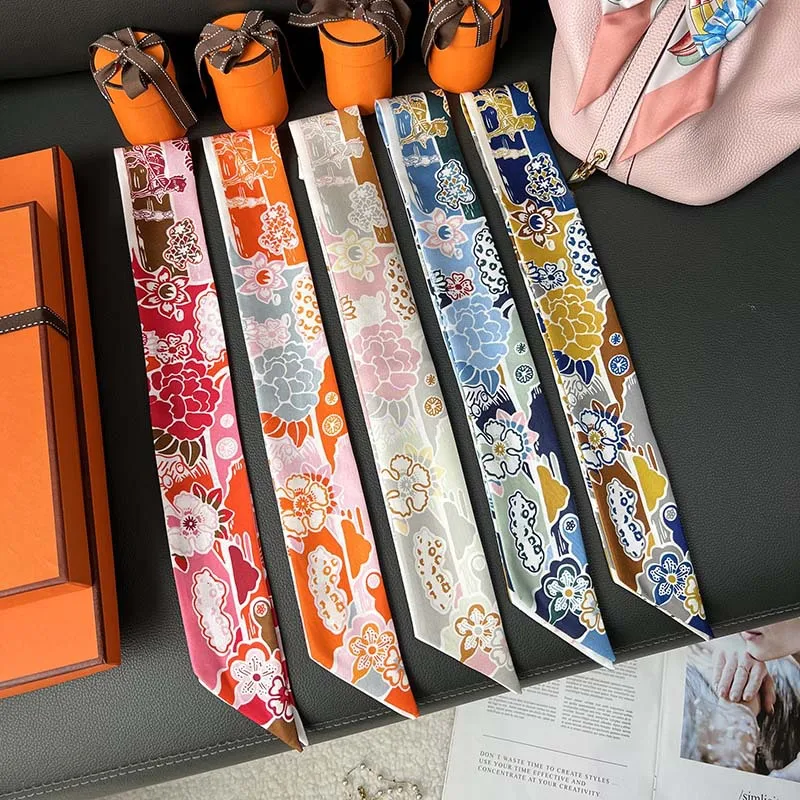 

100% Pure Silk Retro Bag Scarf Women Luxury Small Scarf Handbag Ribbon Brand Fashion Hair Band Head Scarf Long Skinny Scarf