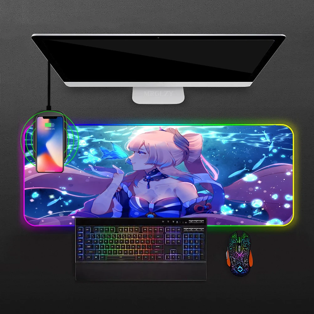 

Sangonomiya Kokomi RGB Mobile Wireless Charging Big Mousepepad Office Accessories Mouse Mats Carpet Laptops Desktop Table Pads
