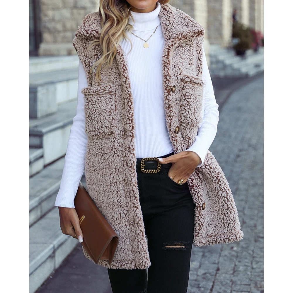 Casual Autumn Winter Women Buttoned Pocket Design Fluffy Coat Femme Turn-down Collar Sleeveless Jackets Elegant Outfits