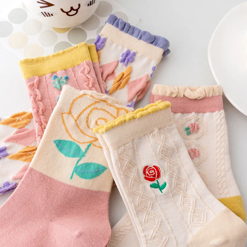 

Women Socks Cotton Pink Flower Lolita Rose Sock For Girl Gift Female Sox Lace Cute Kawaii Ruffles Calcetines Harajuku Soks Meias