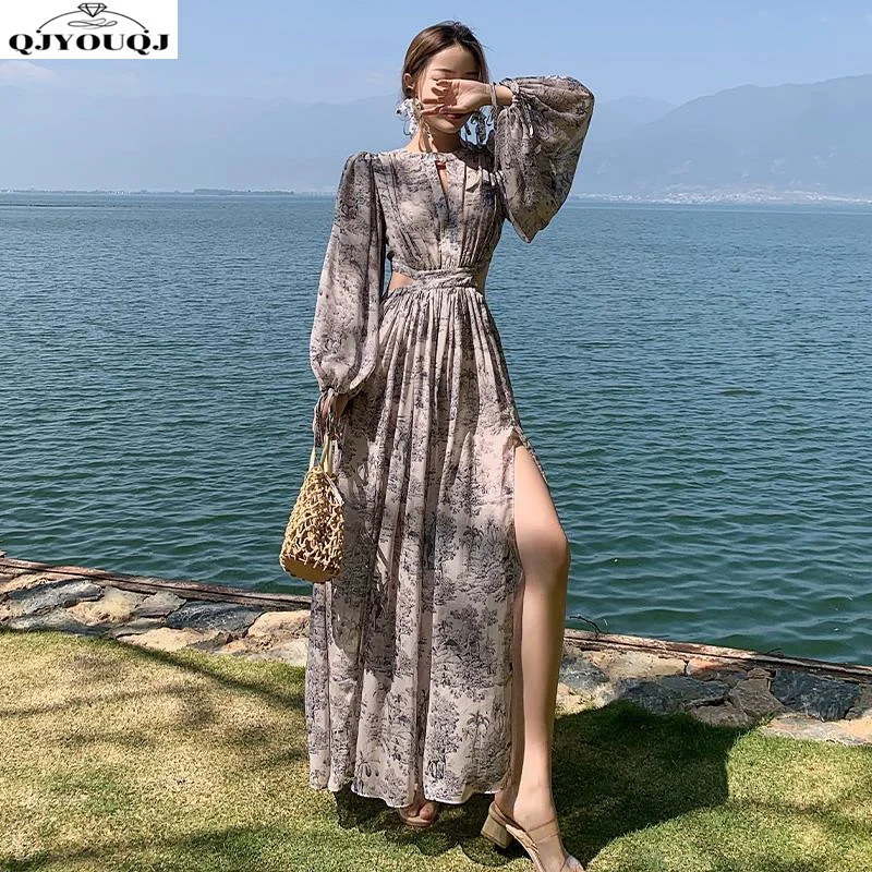 Spring/Summer Beach Vacation Chiffon Thin Beach Skirt French Long Skirt Fragmented Flower Dress Unusual Design Sense