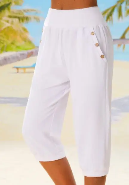 Leisure Women's Pants 2024 Summer Fashion New High Waist Cuff Button Decorative Long Pants Leisure Elastic Solid Color Capris
