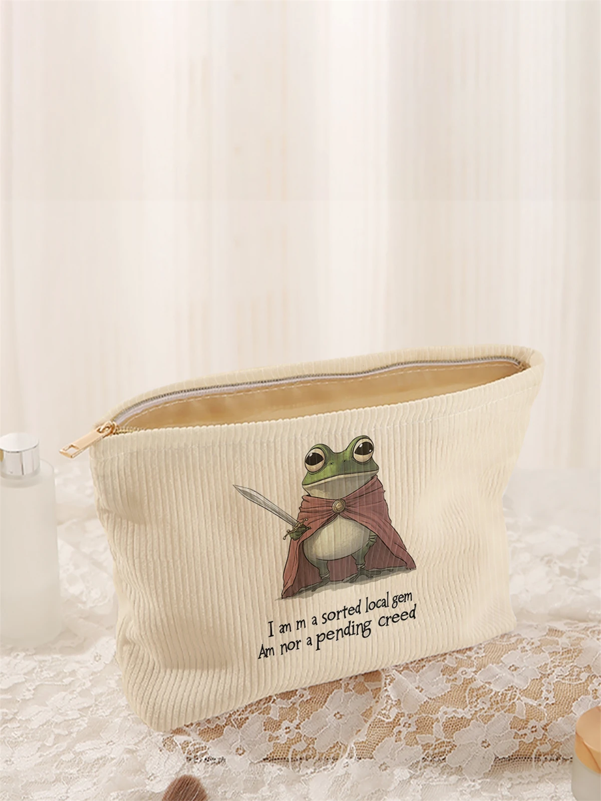 1 cartoon frog pattern printed corduroy makeup bag, lightweight zipper makeup storage box, multifunctional bag with lining