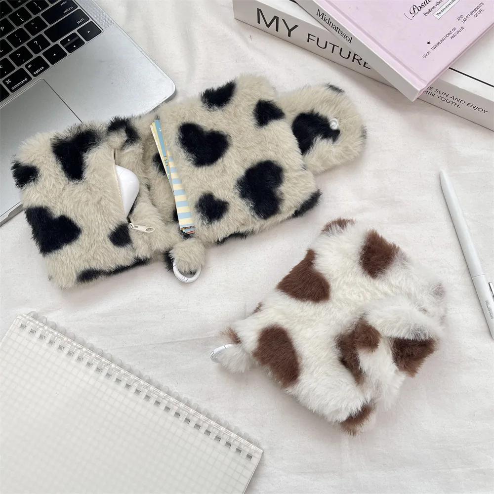 Plush Love Heart Print Coin Purse Double-fold Bank ID Card Holder for Girls Mini Wallet Portable Earphone Storage Bag Women Gift