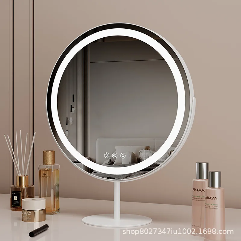 Circular desktop LED makeup mirror with light, smart sensing touch makeup fill light mirror, rotatable