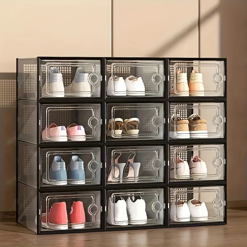 12 Pc / 24 Pc Large Capacity Modular Space-Saving Shoe Box, Transparent Plastic Stackable with Lid, Sneaker Display Box, B 2