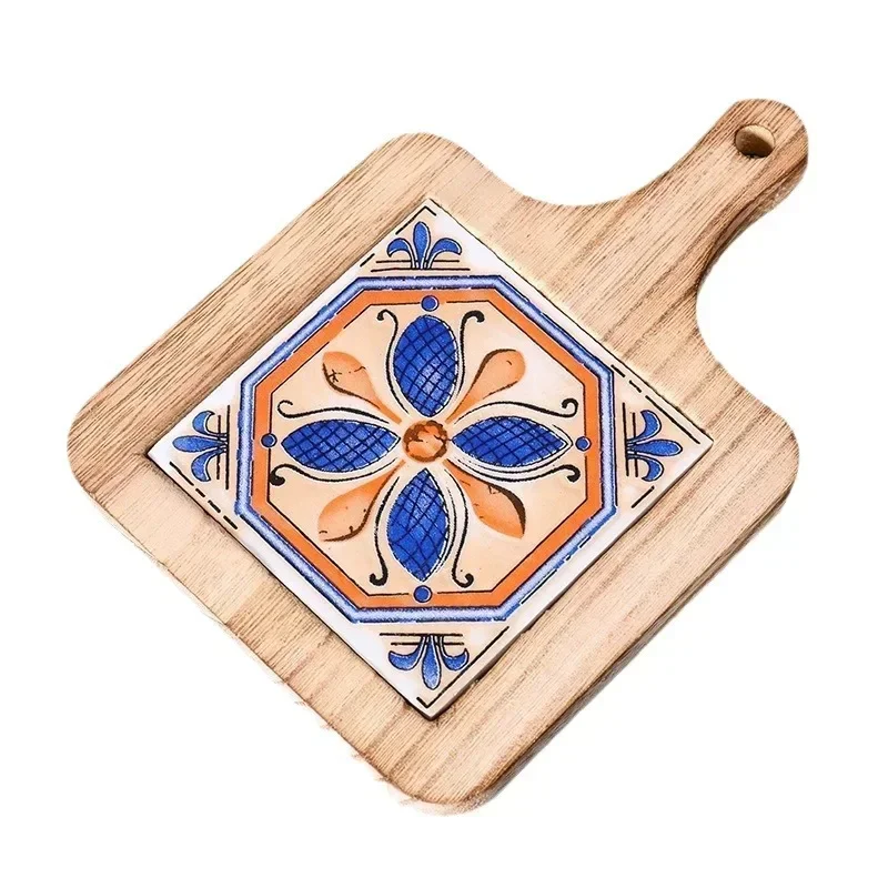 Japanese Restaurant Retro Solid Wood Tile Handle Pot Pad Wooden Anti Scald Plate Pad Household Casserole insulation Wood Pad
