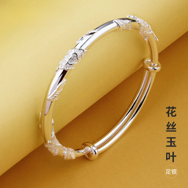 high-quality-new-flower-leaf-pattern-real-s999-pure-silver-retro-jewelry-smooth-surface-woman-bracelet-openings-mother's-gift