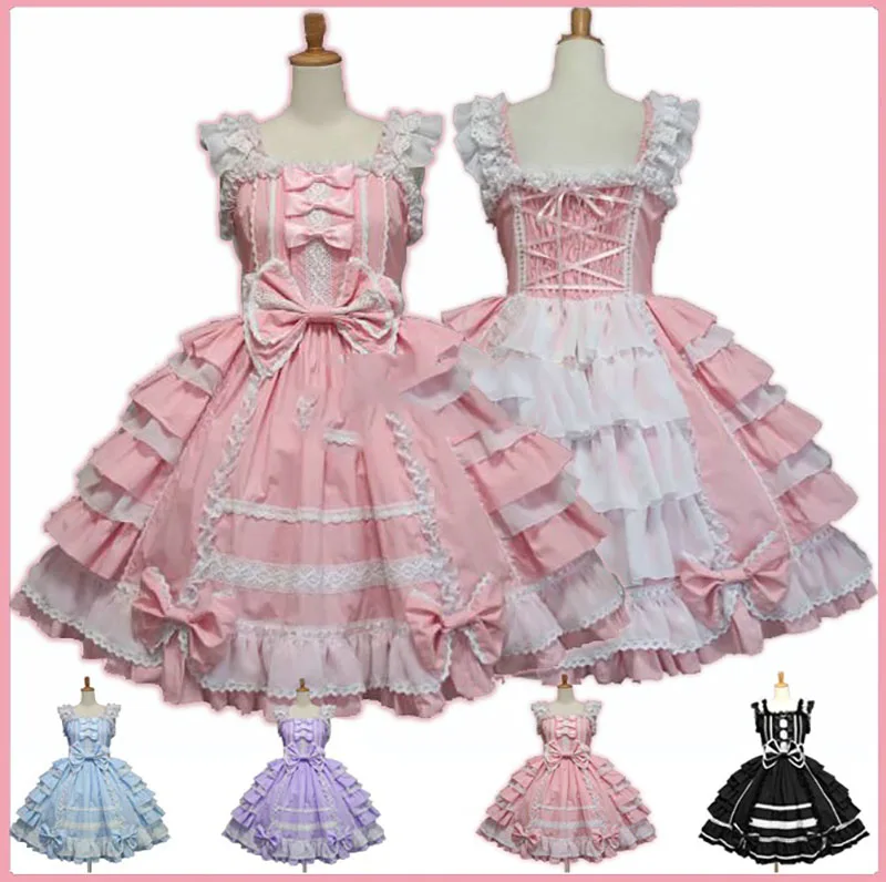Women Alice Lolita Angel Pink Cotton Princess Dress Court-Style Gothic Tank Dress Costume Cute Anime Maid Layer For Girls Lolita Dress Lolita Suspender Dress Lolita Cosplay Costumes