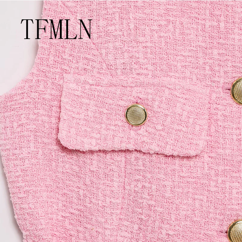 TFMLN New Spring Women Fashion Texture Vest Top With Belt O-Neck Sleeveless Pockets Decoration Casual Slim Waistcoat Tops