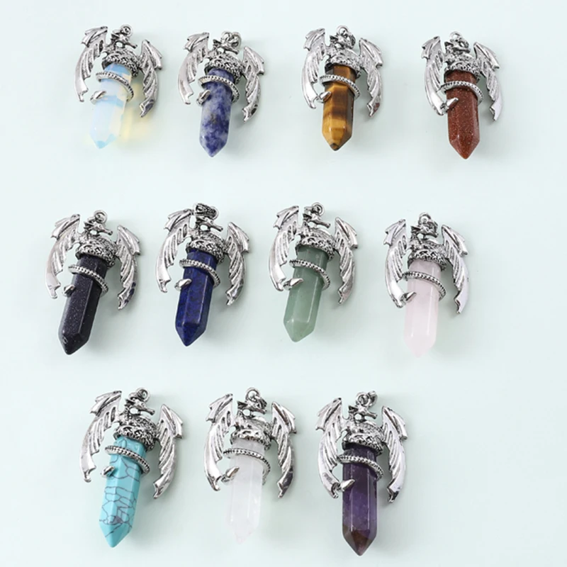 Animal Dragon Man Necklace Natural Gemstone Pink Quartz Hexagonal Crystal Pendant Vintage Men Women Pendant Jewelry