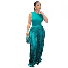 

Green Fringed Trousers Two Piece Ladies African Sexy Suit Round Neck Sleeveless Vest Wide Leg Pants Suit Casual Women's Spring