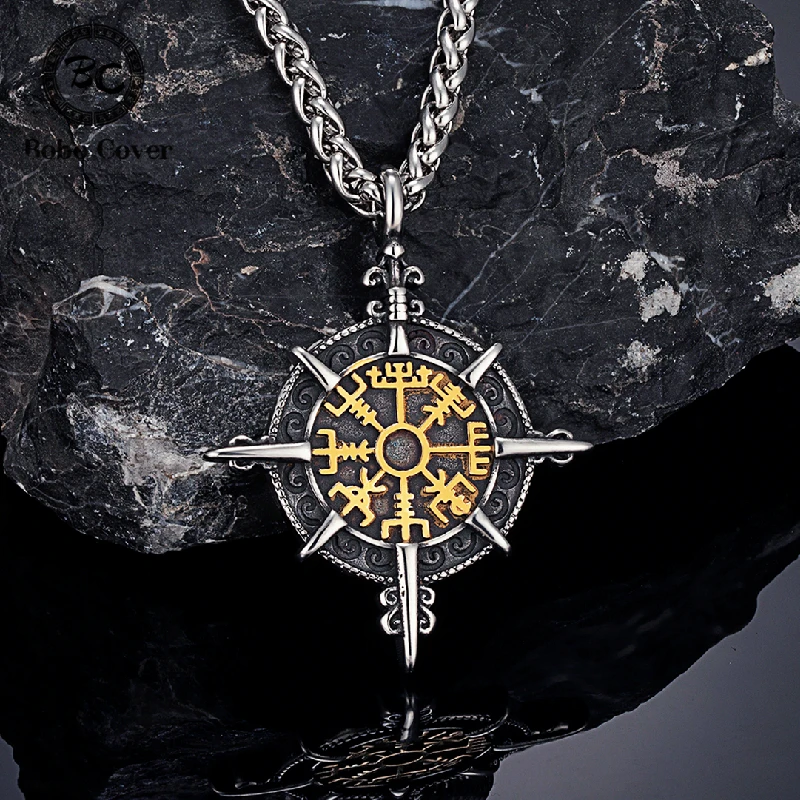 Gold Necklace Norse Compass Necklace Vegvisir Jewelry Mens Norse