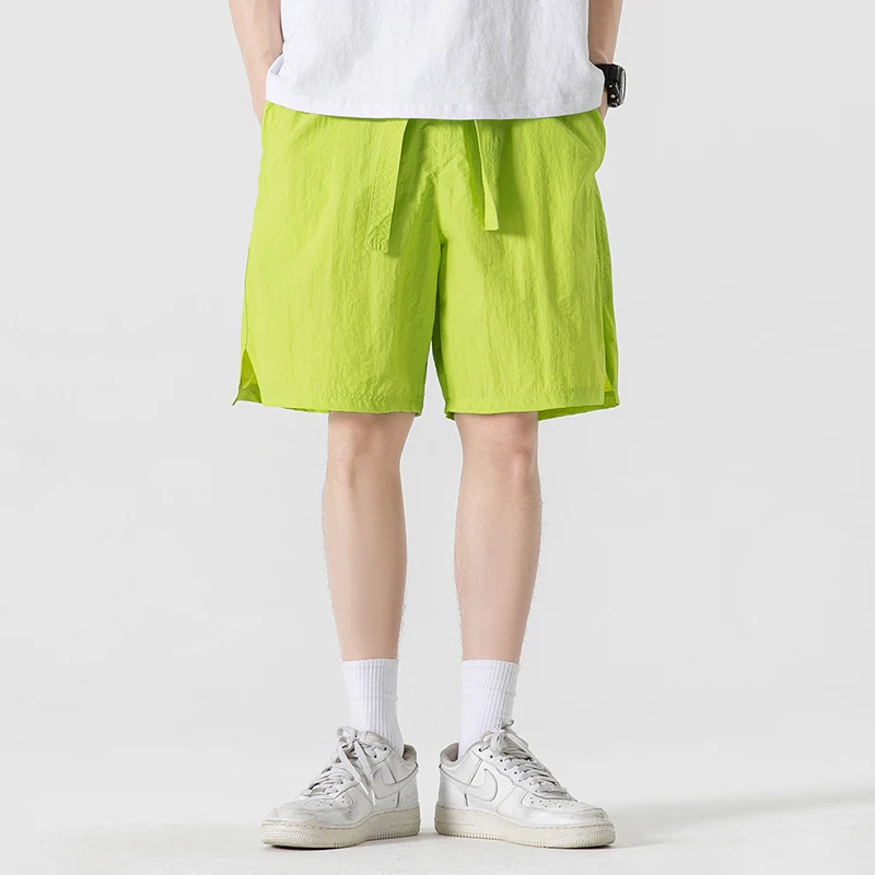 Summer Thin Fashion Trend Casual Shorts Men's Solid Elastic Waist Drawstring Patchwork Pockets Korean Versatile Straight Shorts
