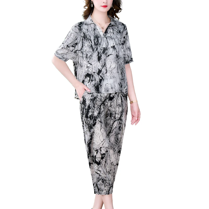 Stripe Black Silk Pants Loose Sets Summer Batwing Sleeve Casual Two Pieces Sets 2024 Women Elegant Vintage Party Ladies Suits