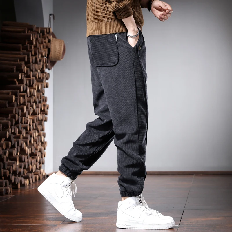 Autumn Men's Loose Corduroy Pants Casual Korean Style Black Gray Elastic Waist Joggers Trousers
