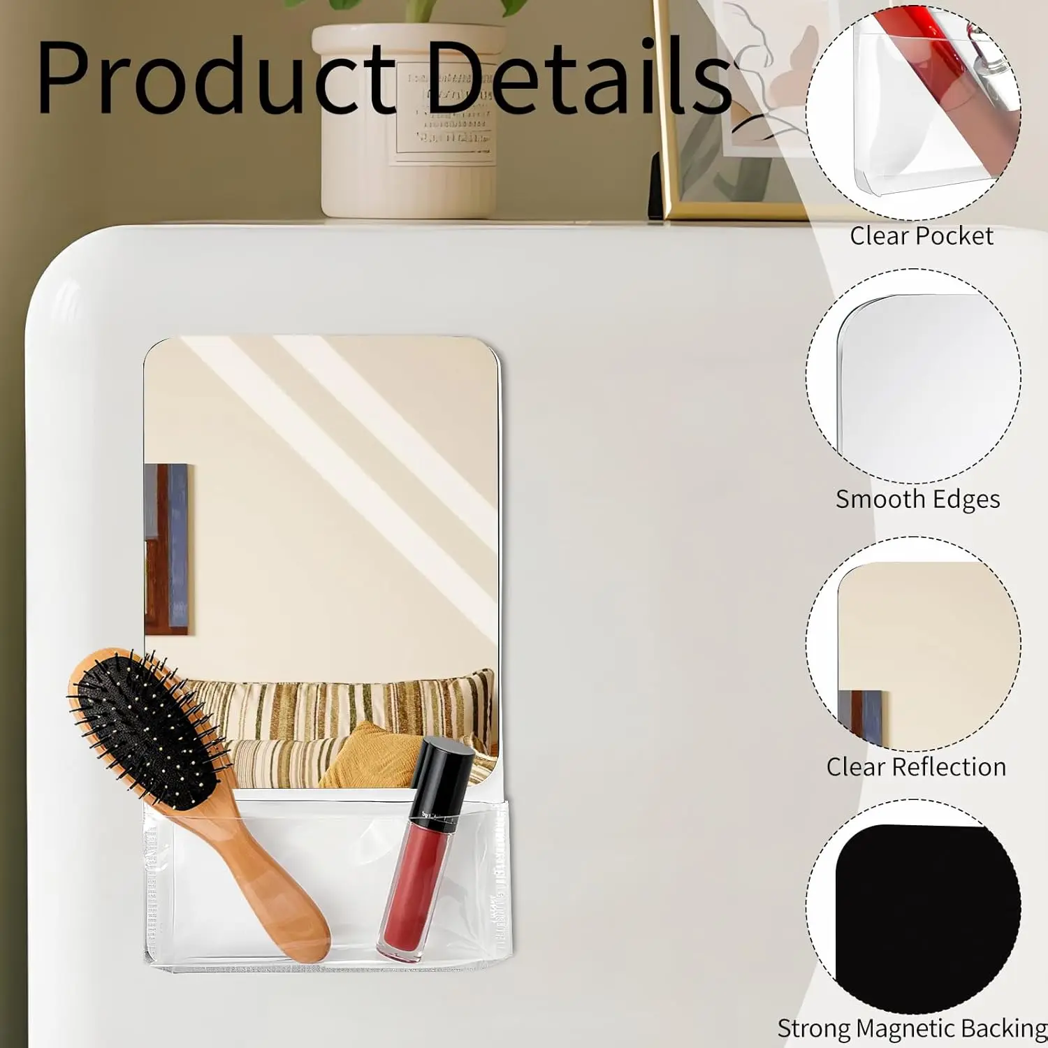 완전 자석식 뒷면이 있는 자석식 로커 거울, 9.45인치 x 5.51인치 소형 실제 유리 초고화질 반사 거울(수납공간 포함)