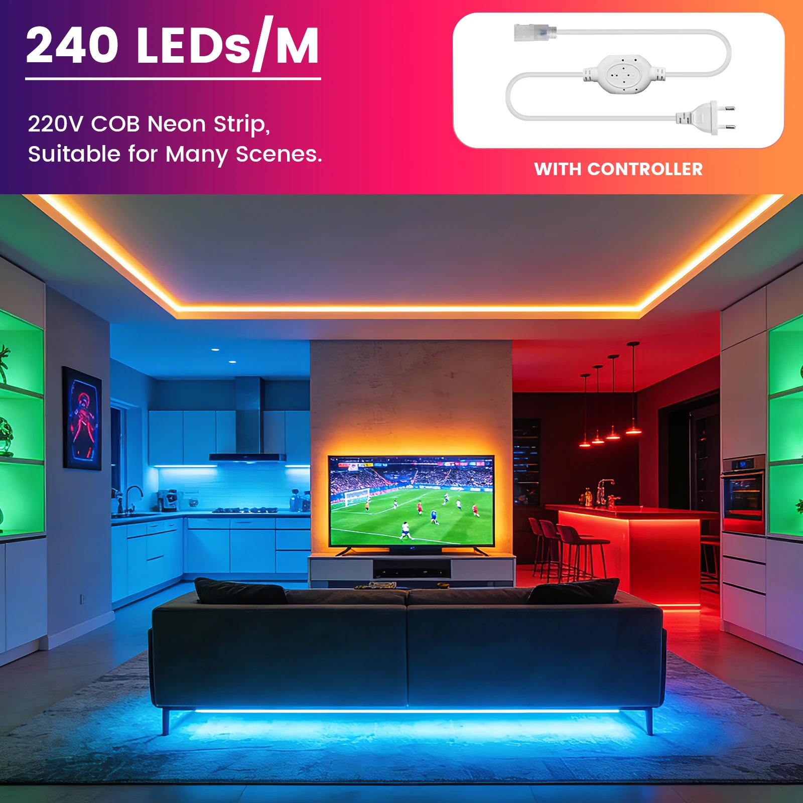 AC 220V 유연한 COB 네온 라이트 방수 LED 리본 스트립 따뜻한 흰색 중성 흰색 차가운 흰색 실내 실외 장식 조명