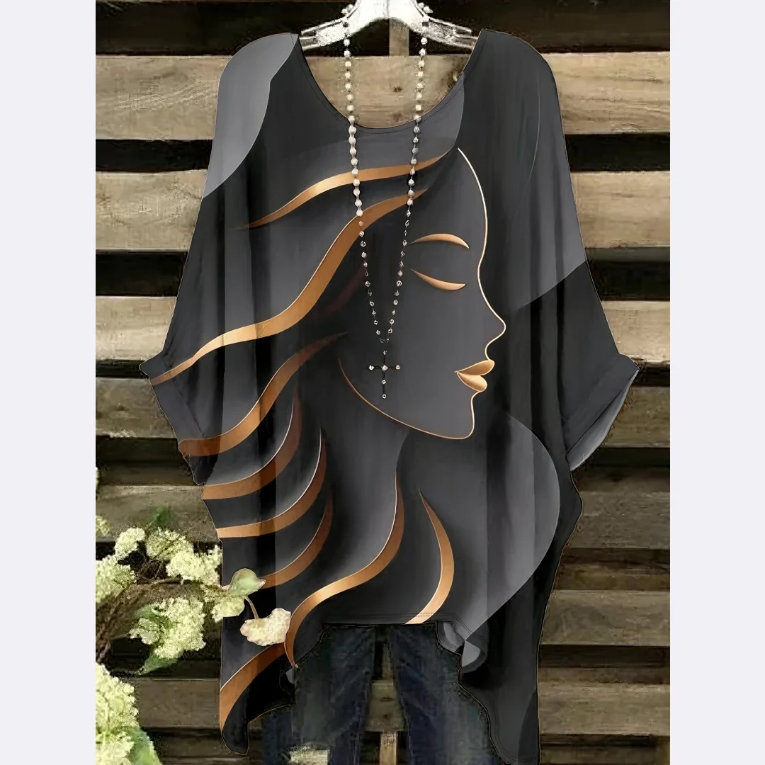 تي شيرت نسائي أنيق ذو رقبة مستديرة بتصميم عصري جديد يتميز بطباعة صورة، مريح وعملي بأكمام قصيرة.