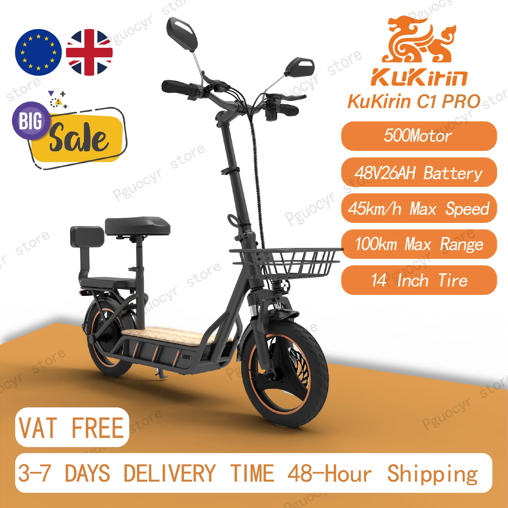 Monopattino Elettrico Pieghevole per Adulti KuKirin C1 Pro, Batteria 48V 26Ah, Motore 500W, Velocità Massima 45km/h, con Sedile, Pneumatici da 14 Pollici