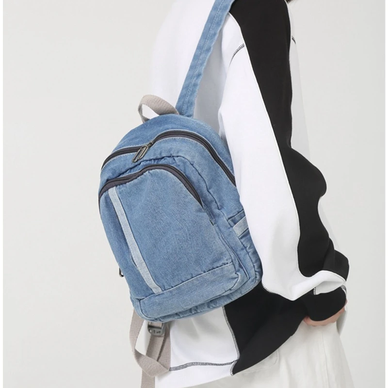 Vintage Denim Daypack Blue Jean Backpack Rucksack Double Shoulder Bag Schoolbag for University Vacation Travelling