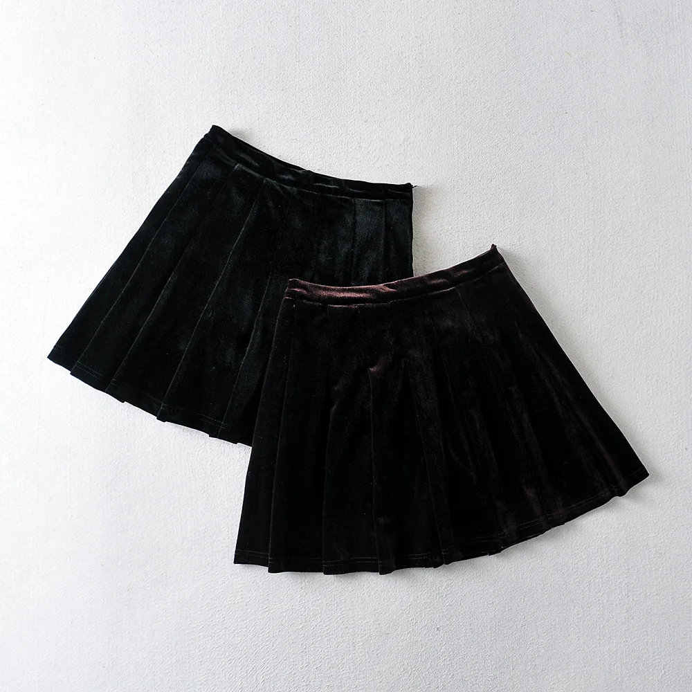 black mini skirt Summer new street style solid color high waist, thin and anti-glare A-line skirt women's sexy pleated short velvet skirt women leather skirt