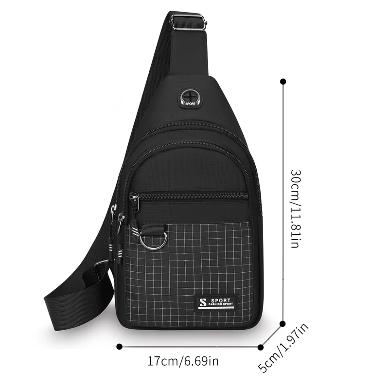 Men's large capacity fashionable black adjustable shoulder bag with multiple zipper pockets is very suitable for sports, travel