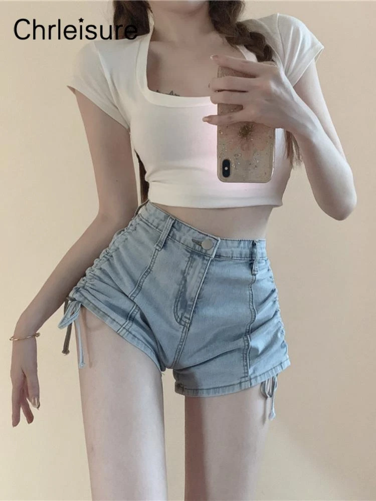 CHRLEISURE Summer Casual Shorts Woman Solid High Waist Push Up Shorts Shirring Button Fashion Slim Denim Shorts New nike pro shorts