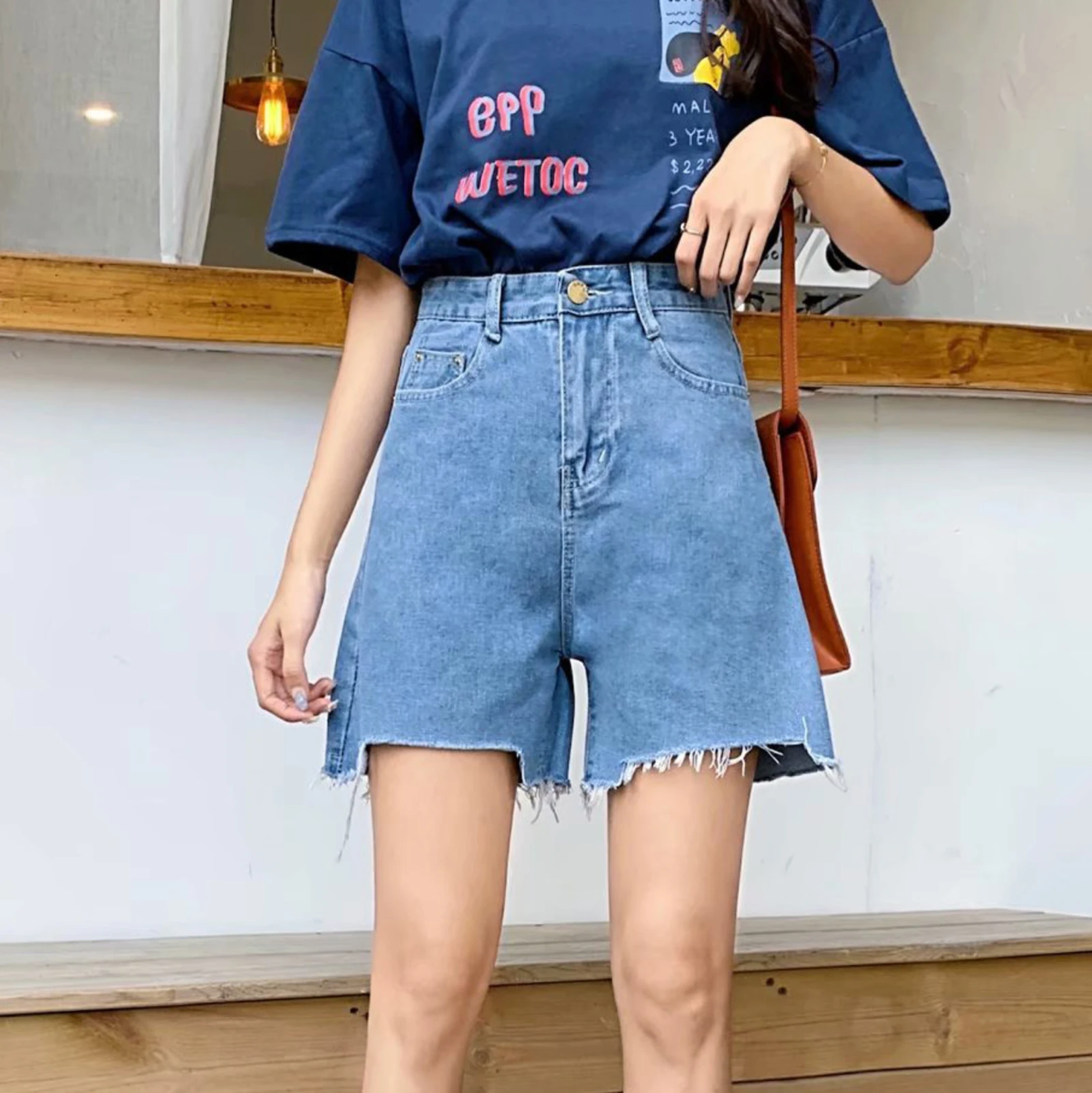 SummerWomenVintageStreetwearDenimShortsHighWaistKneeLength