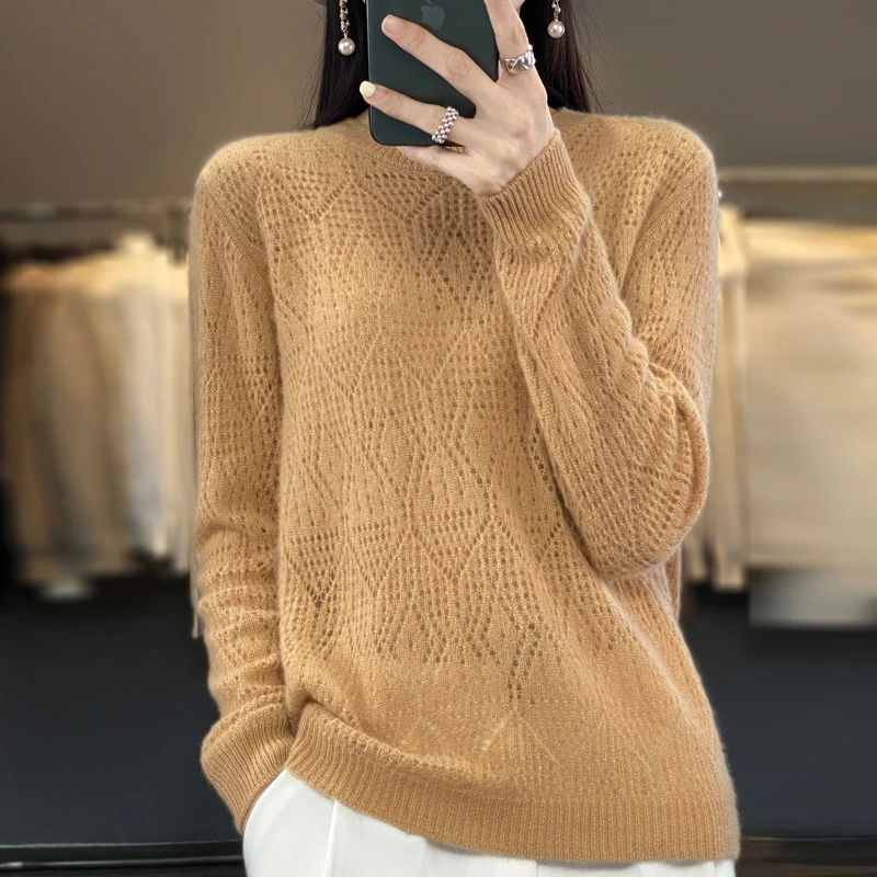 Women 100% Pure Merino Wool Sweater Round Collar Diamond Square Hollow Pullover Spring Autumn Basis Casual Warm Knitting Top 3