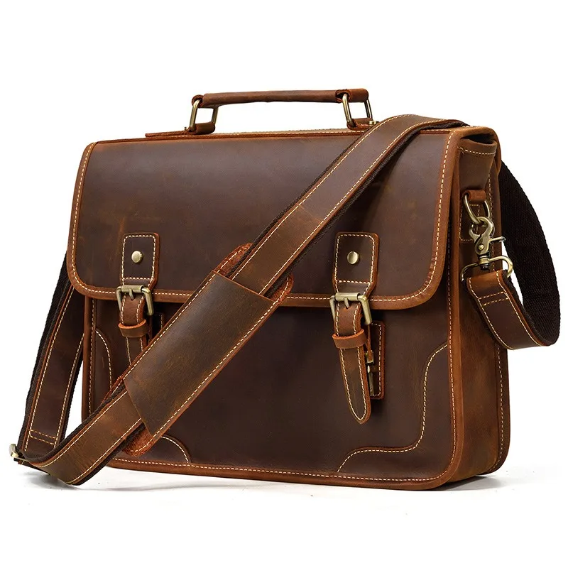 

High Quality A4 Vintage Brown Top Grain Genuine Crazy Horse Leather Men Executive Office Briefcase Portfolio Messenger Bag M1028