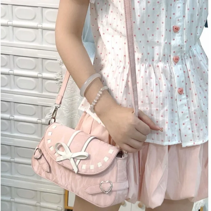 JIAERDI Sweet Bow Pink Underarm Bag Women Hot Girls Leather Shoulder Crossbody Bag Female Fairycore Aesthetic Y2k Handbag New