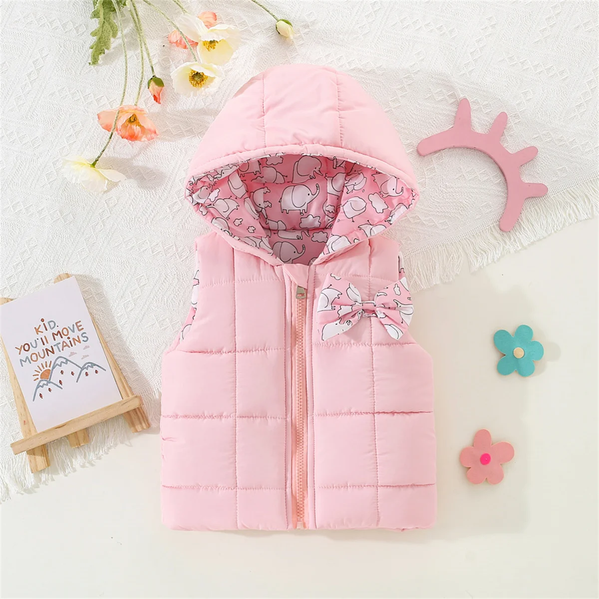 Autumn And Winter Girls' Cotton Vest Cartoon Clip Solid Hooded Sweet Bow Zipper Warm Coat baby girl jacket women vest children down vest