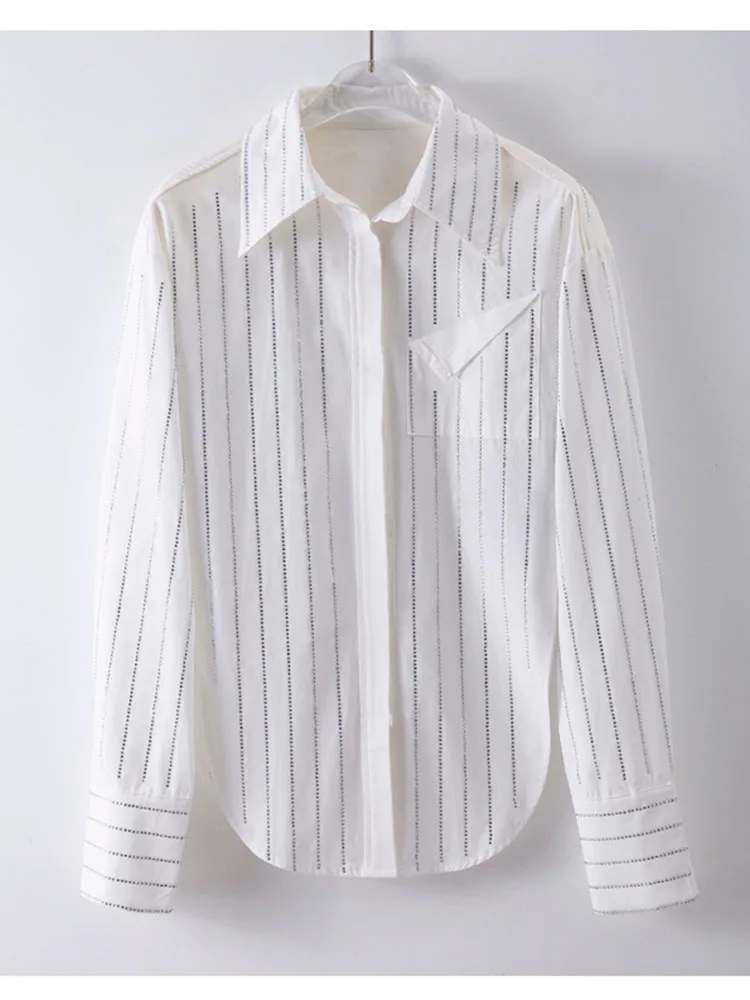 

HIGH STREET Newest Fashion 2024 Designer Blouse Women's Rhinestone Diamonds Beaded Long Sleeve Shirt