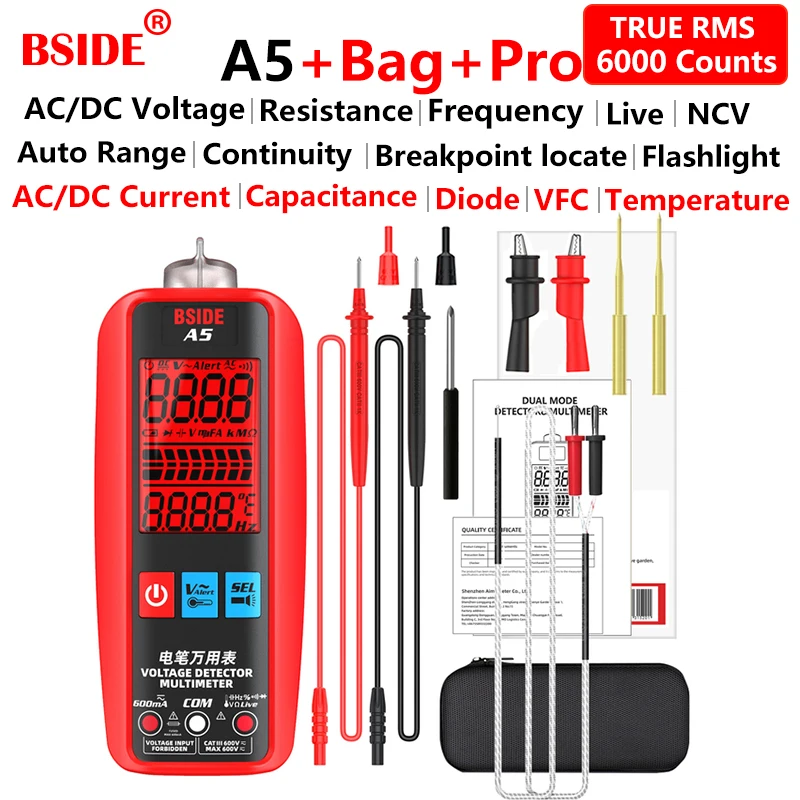 Multimetro Digital 6000 Counts RMS. Detección de Voltaje sin contacto.  Indicador de baja bateria.