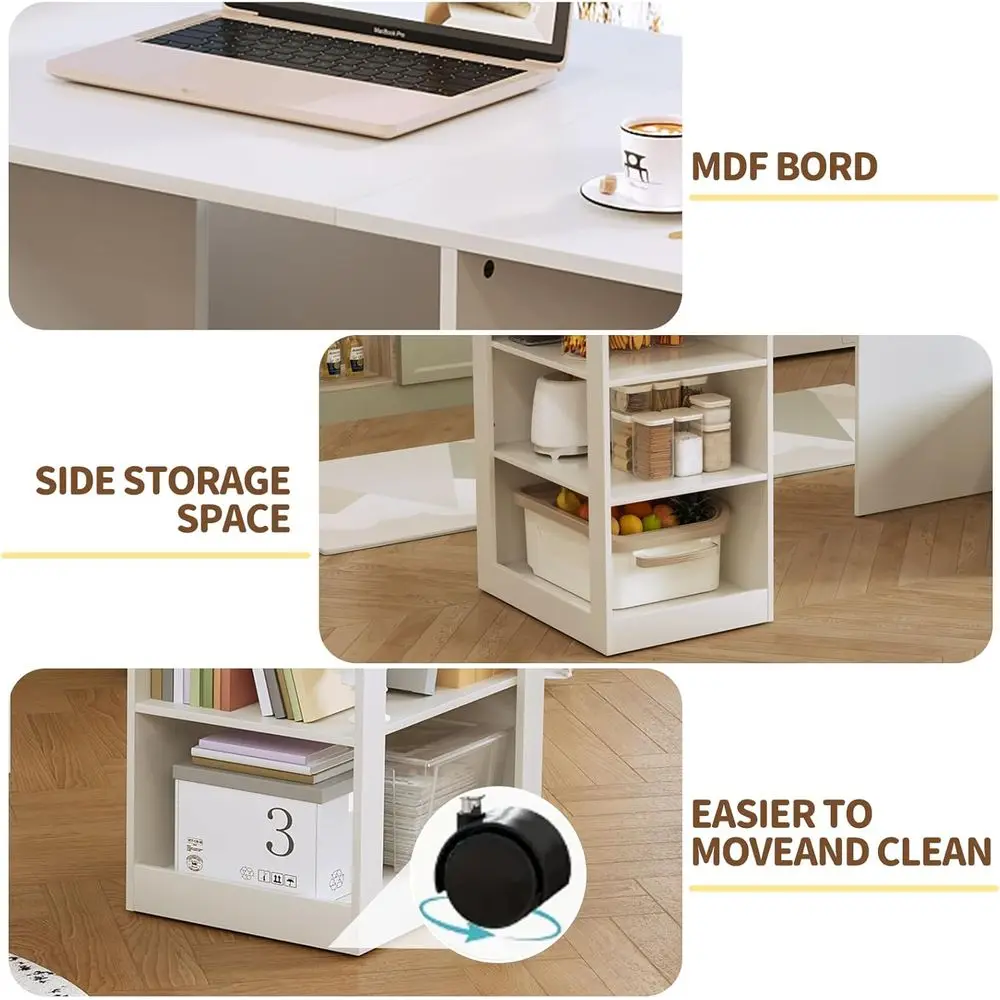 White 58-inch Office Desk with Pull-Out Table on Hidden Wheels, Featuring 3-Tier Open Shelves, Folding and Standing Desk Functio